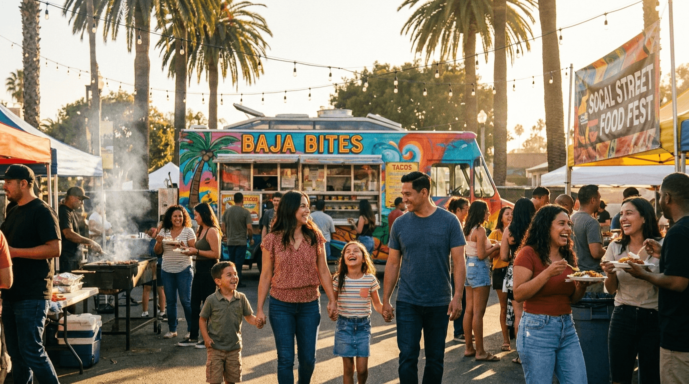 A vibrant SoCal food festival at golden hour with a family heading to a food truck