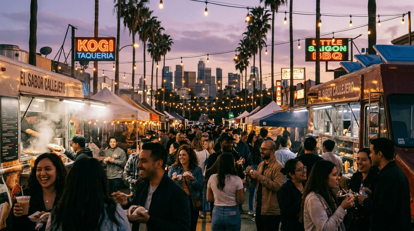 A crowded SoCal night market glowing with string lights and food stalls